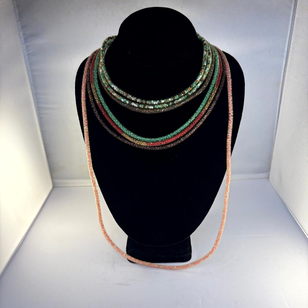 Multi Strand Beaded Mesh Necklace Layered Colors Gold Tone Clasp Women's Jewelry